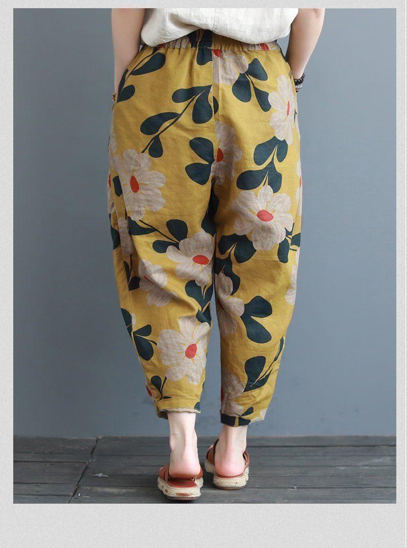 summer loose print cotton linen casual harem women pants