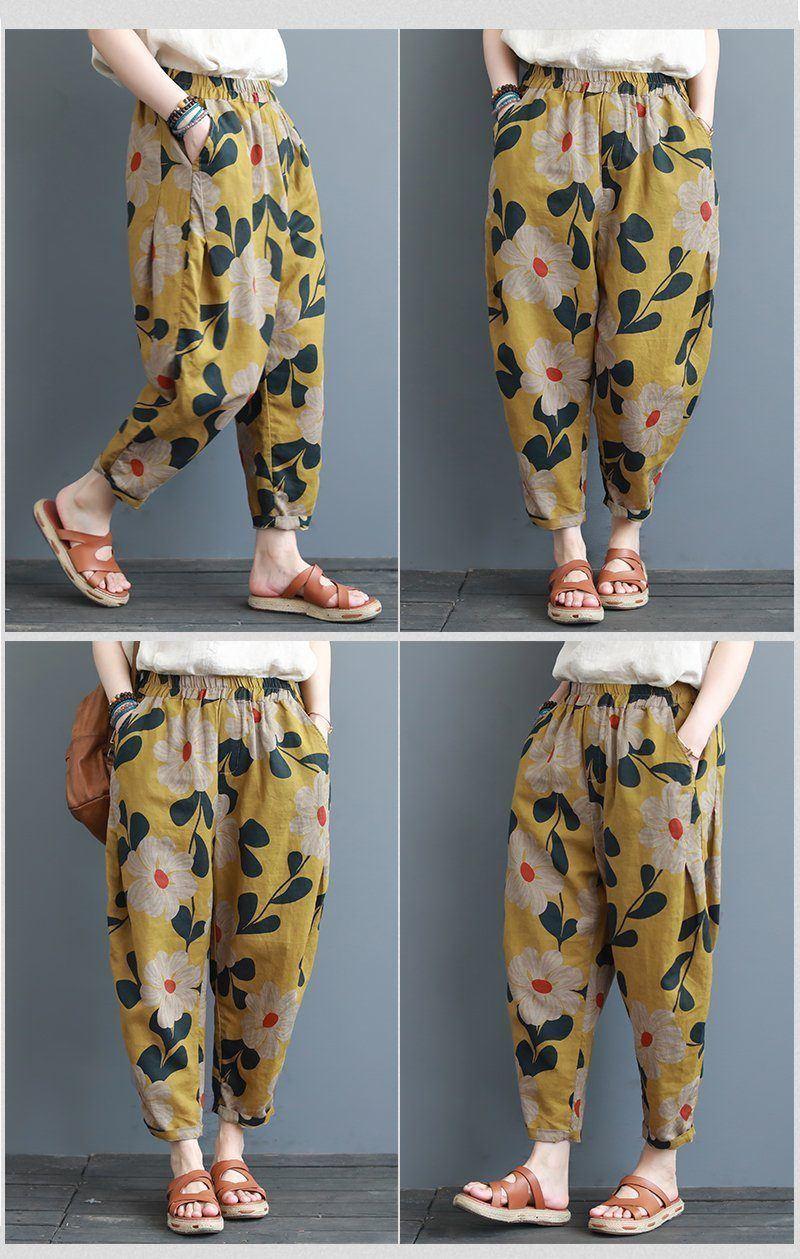 summer loose print cotton linen casual harem women pants