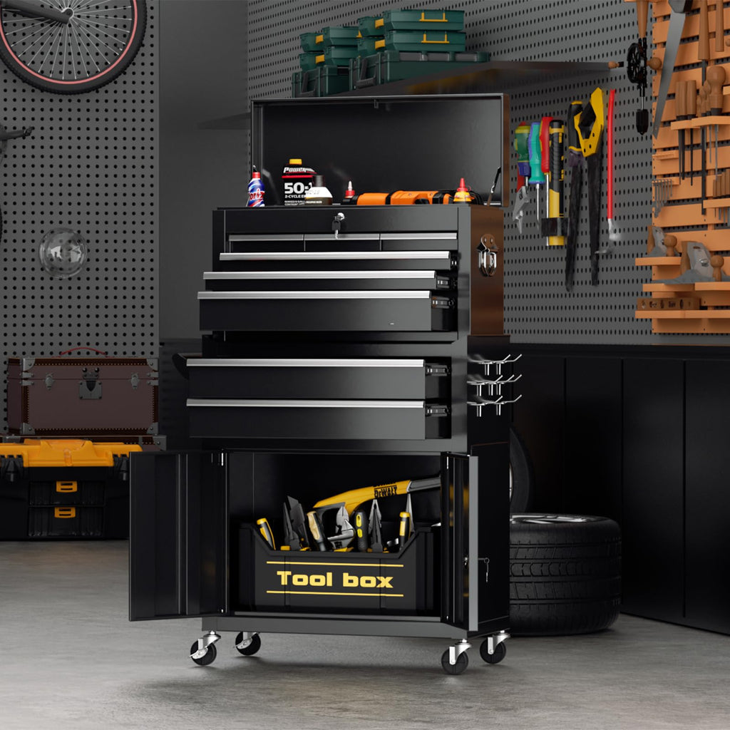 Metal Tool Chest, 8 Drawer Rolling Tool Chest with Wheels, Detachable Tool StoraCabinet with Lock for Garage, Assembled Steel Tool Cart with Liner & Hooks for Workshop, Warehouse (Black)