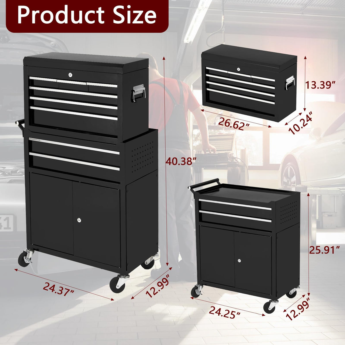 8-Drawer Rolling Tool Chest, 2-in-1 High Capacity Removable Cabinet StoraTool Box with Wheels and Drawers, Detachable Toolbox with Lock for Workshop Mechanics Gara(Black)