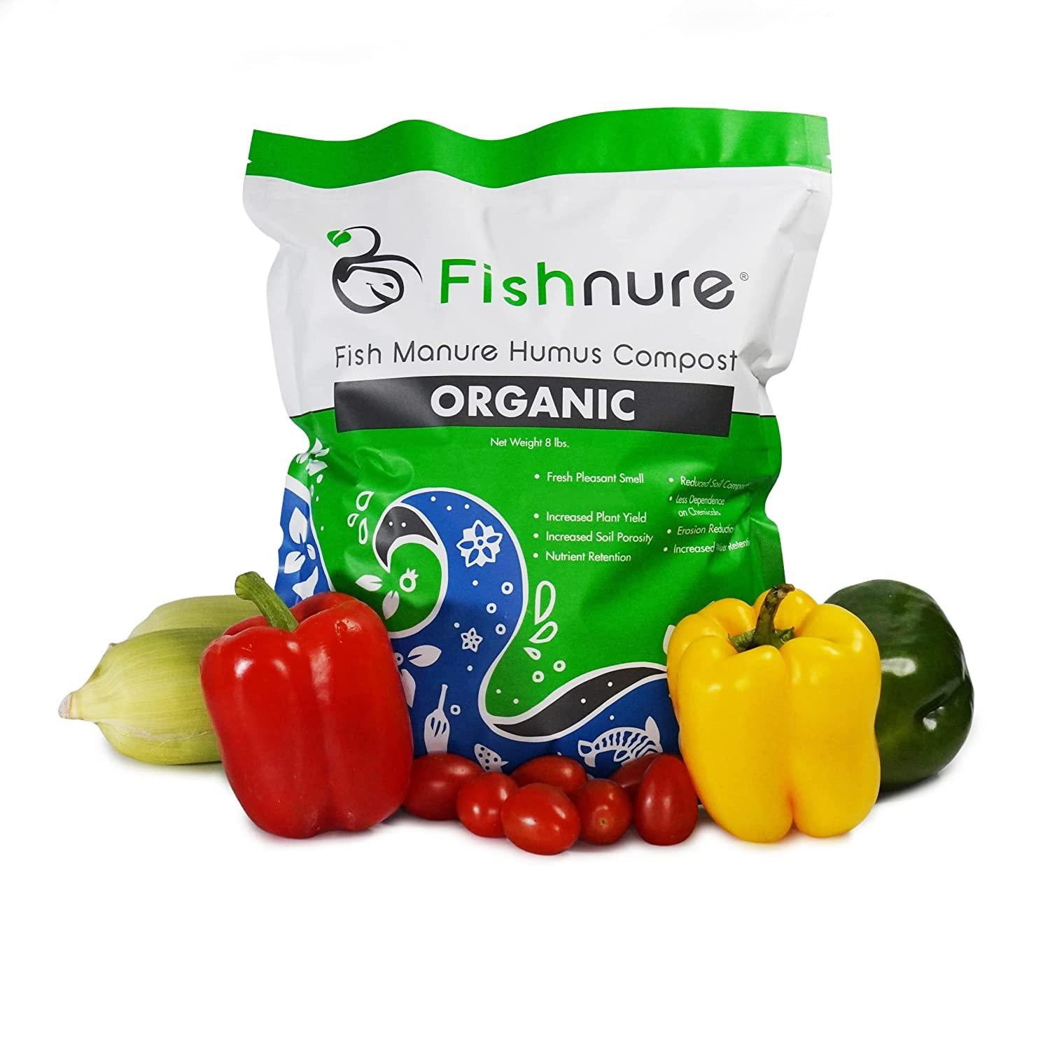 fishnure 32 pounds odorless organic humus compost fish manure fertilizer - omri listed - sustainably sourced with living microbes for potted plants, indoor plants, herb gardens , vegetable gardens, flower gardens, and fruit gardens