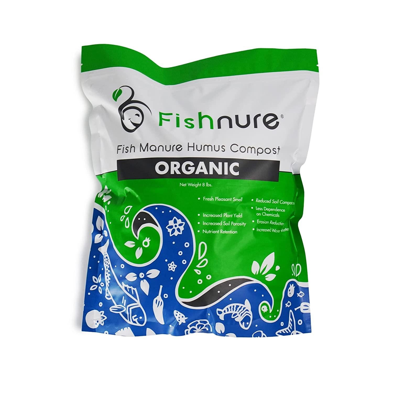 fishnure 32 pounds odorless organic humus compost fish manure fertilizer - omri listed - sustainably sourced with living microbes for potted plants, indoor plants, herb gardens , vegetable gardens, flower gardens, and fruit gardens