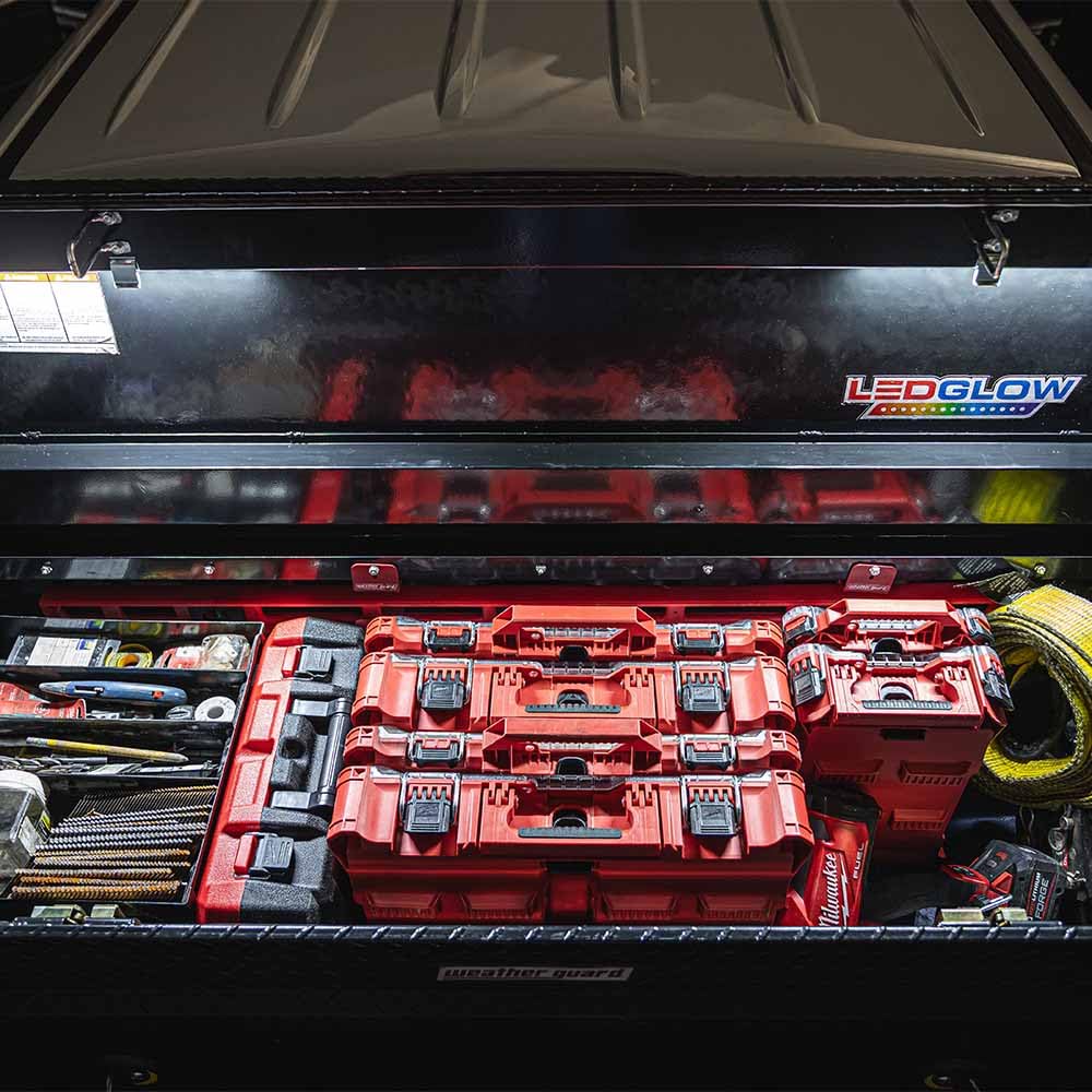 2pc White Truck Tool Box LED Lighting Kit for Work & Utility Trucks | Universal Fitment 12" Tubes Install Inside Lid & Shine Down on Tools, Includes Magnetic Power Switch for Automatic On/Off