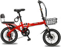 CHICAI Bike Single Speed Folding Bicycle, Double Shock Absorber, Double Disc Brake 16in/20in Wheels, Back Rack, High Carbon Steel Body (Color : Red, Size : 20in)