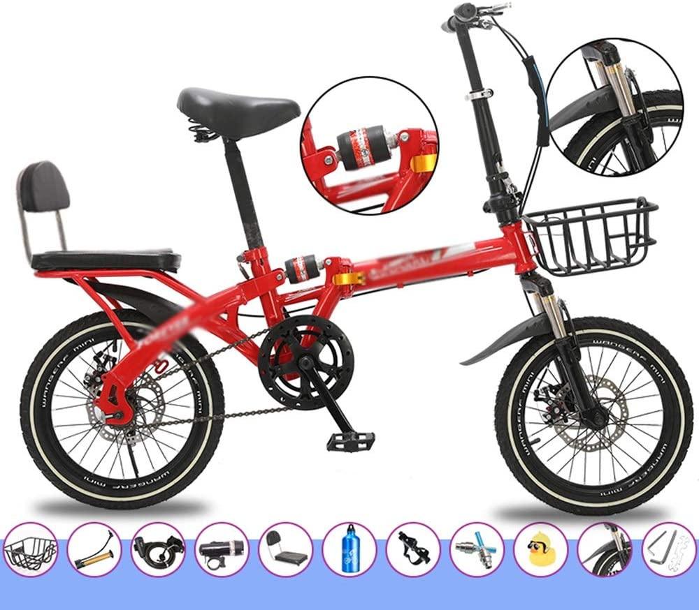 CHICAI Bike Single Speed Folding Bicycle, Double Shock Absorber, Double Disc Brake 16in/20in Wheels, Back Rack, High Carbon Steel Body (Color : Red, Size : 20in)