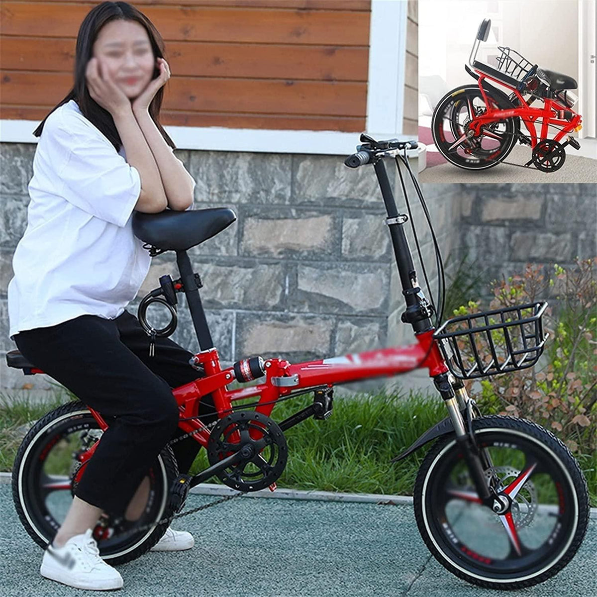 CHICAI Bike Single Speed Folding Bicycle, Double Shock Absorber, Double Disc Brake 16in/20in Wheels, Back Rack, High Carbon Steel Body (Color : Red, Size : 20in)