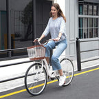 26 inch Beach Cruiser Bikes Single Speed Classic Retro Bicycles for Women, Comfortable Commuter Bike for Leisure Picnics &amp; Shopping, Women's Seaside Travel Bicycle with Baskets &amp; Rear Racks