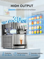 Commercial Ice Cream Machine 5.3-7.4 Gal/H, 3 Flavors Countertop Soft Serve Ice Cream Machine with 8L Hopper, Auto Clean Ice Cream Maker With Pre-Cooling for Snack Restaurants Bars, 1800W