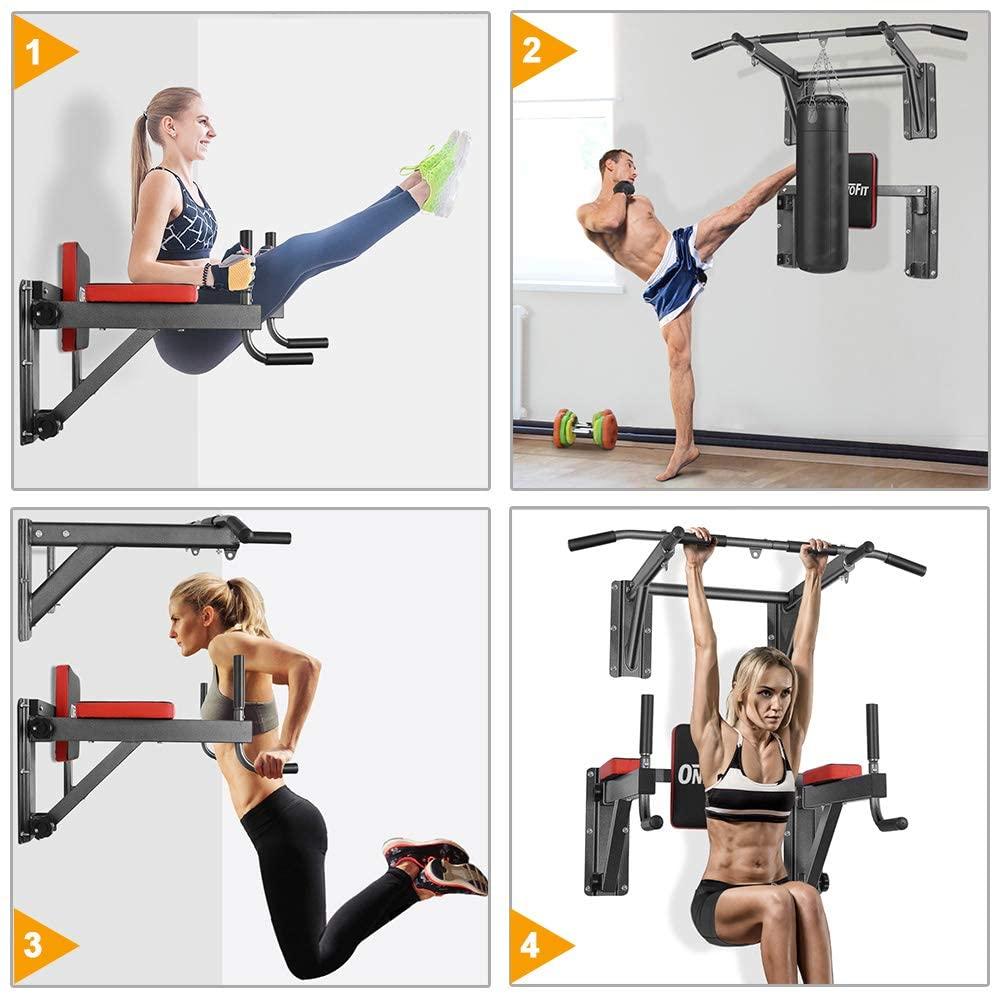 ONETWOFIT Multifunctional Wall Mounted Pull Up Bar Power Tower Set Chin Up Station Home Gym Workout Strength Training Equipment Fitness Dip Stand Supports to 330 Lbs