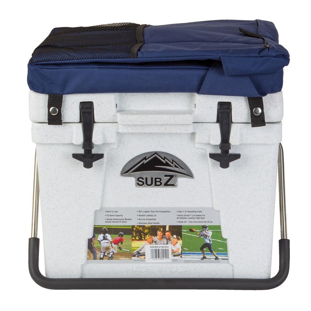 23 Qt. White and Blue Seat Hard Cooler with Removable Soft Cushioned Seat