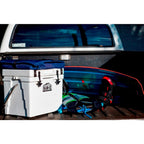 23 Qt. White and Blue Seat Hard Cooler with Removable Soft Cushioned Seat