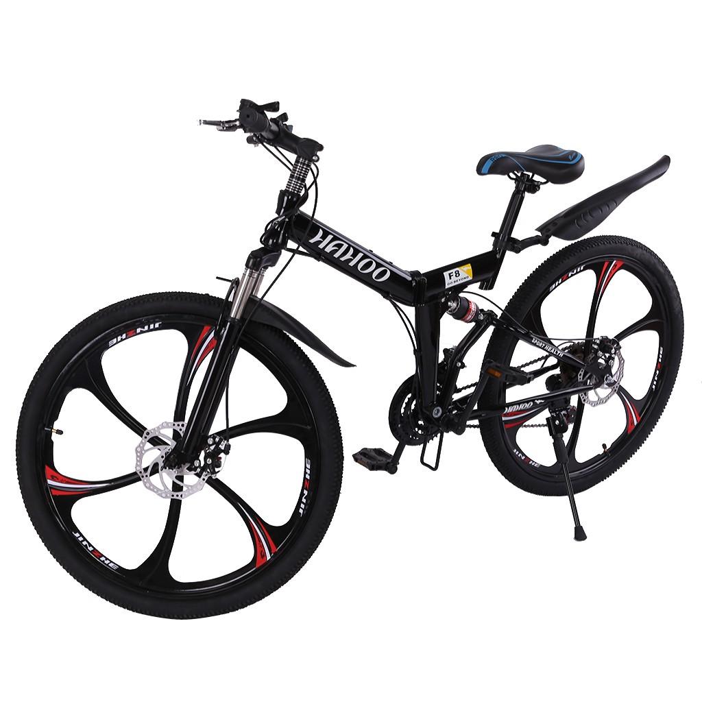 VKEKIEO 26 inch Adult Mountain Bikes,21 speed Full Suspension Folding Mountain Bicycle,6 spoke Magnesium Wheels,Black