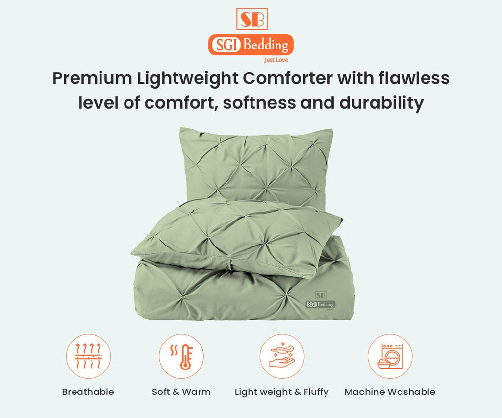 Twin Comforter Pinch Moss 300 GSM Plush Siliconized Microfiber Fill Duvet Insert Box Stiched Quilted Fluffy Soft 600 TC Egyptian Cotton Shell with Piping &amp; Pillowcases