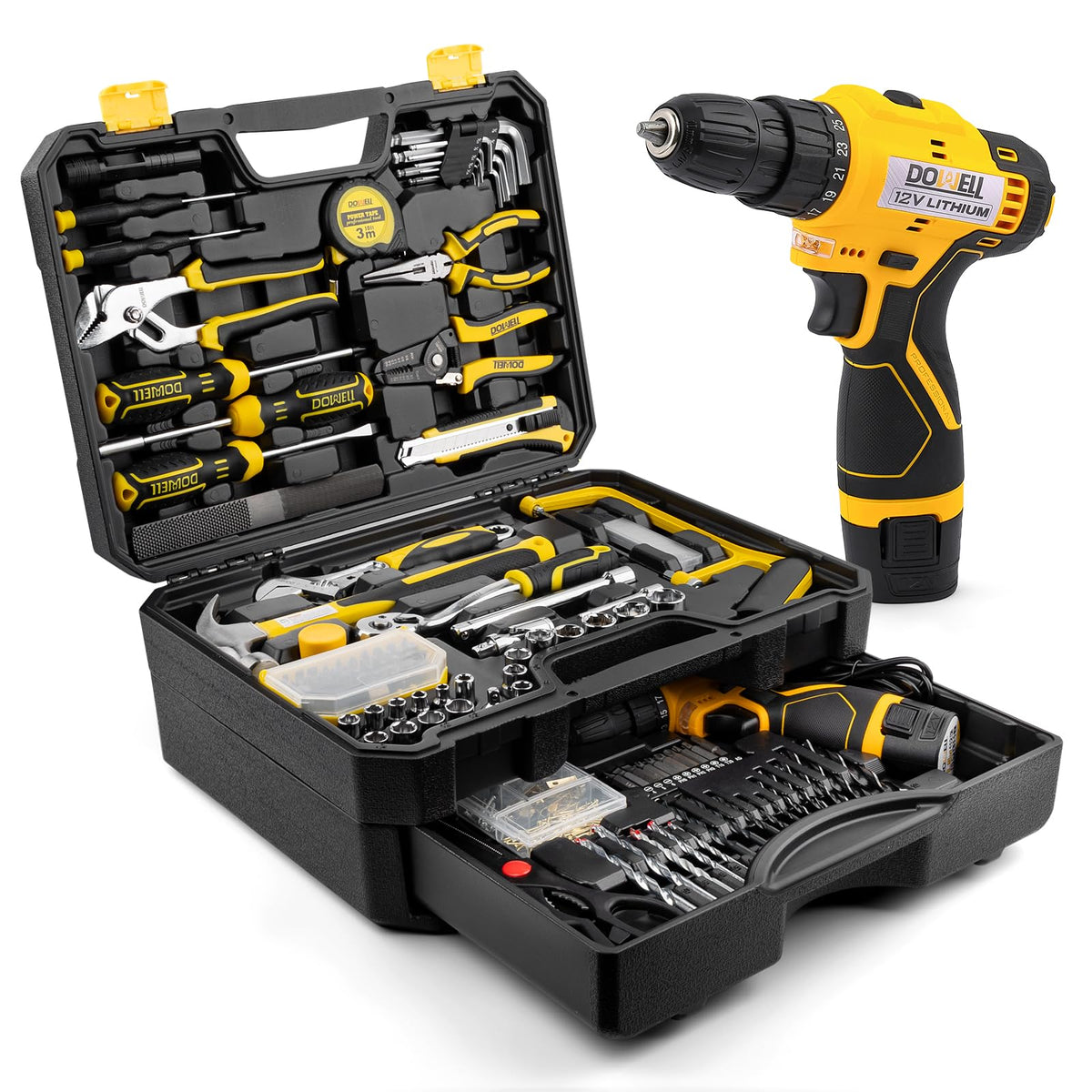 223-Piece Power Drill Tool Set, 12V Cordless Drill Driver Kit with Drawer Toolbox, Socket & Bit Set, Hex Keys, Wrench for Home Renovation, DIY Projects & GaraUse
