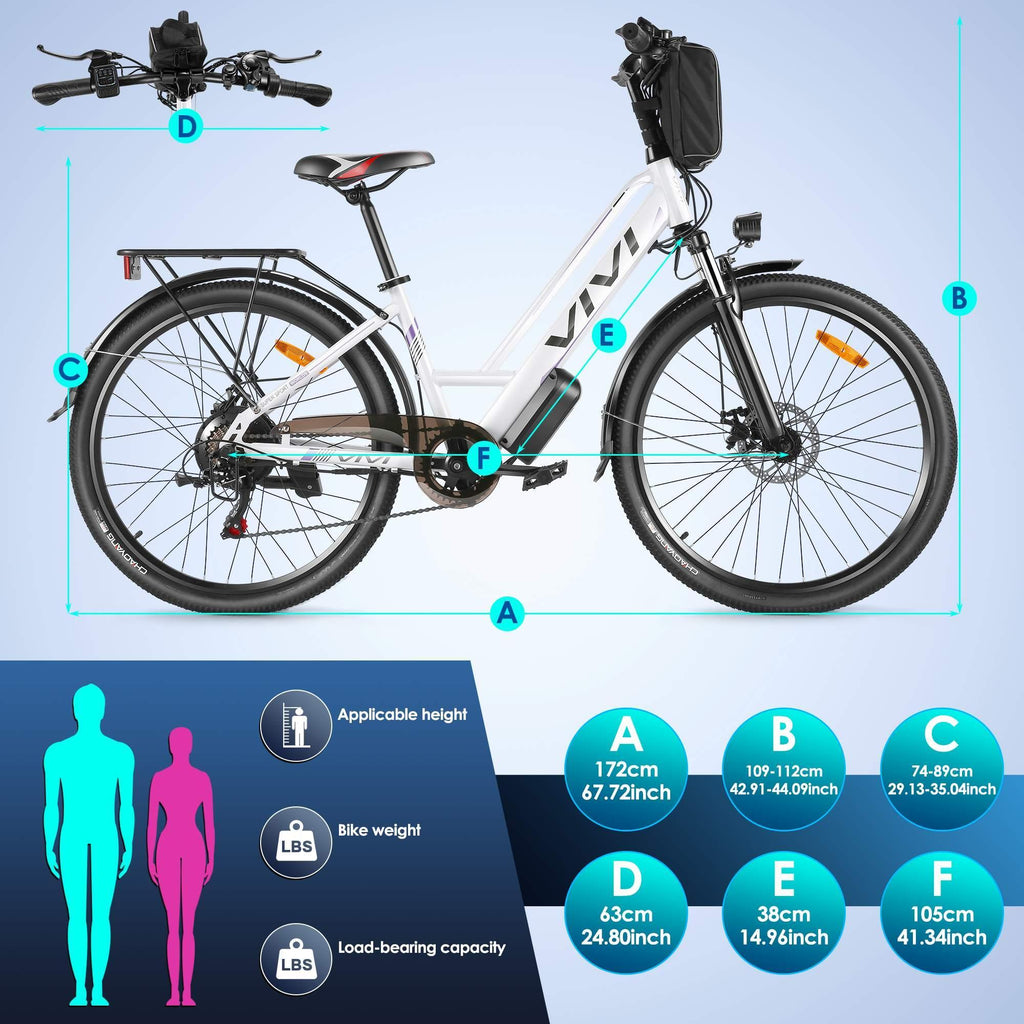 VIVI 26" Electric Bike, 350W City E-Bike, Adults Ebike with Removable 36V/8Ah Lithium-ion Battery, Max Speed 20MPH, Professional 7 Speed Commuter Bike