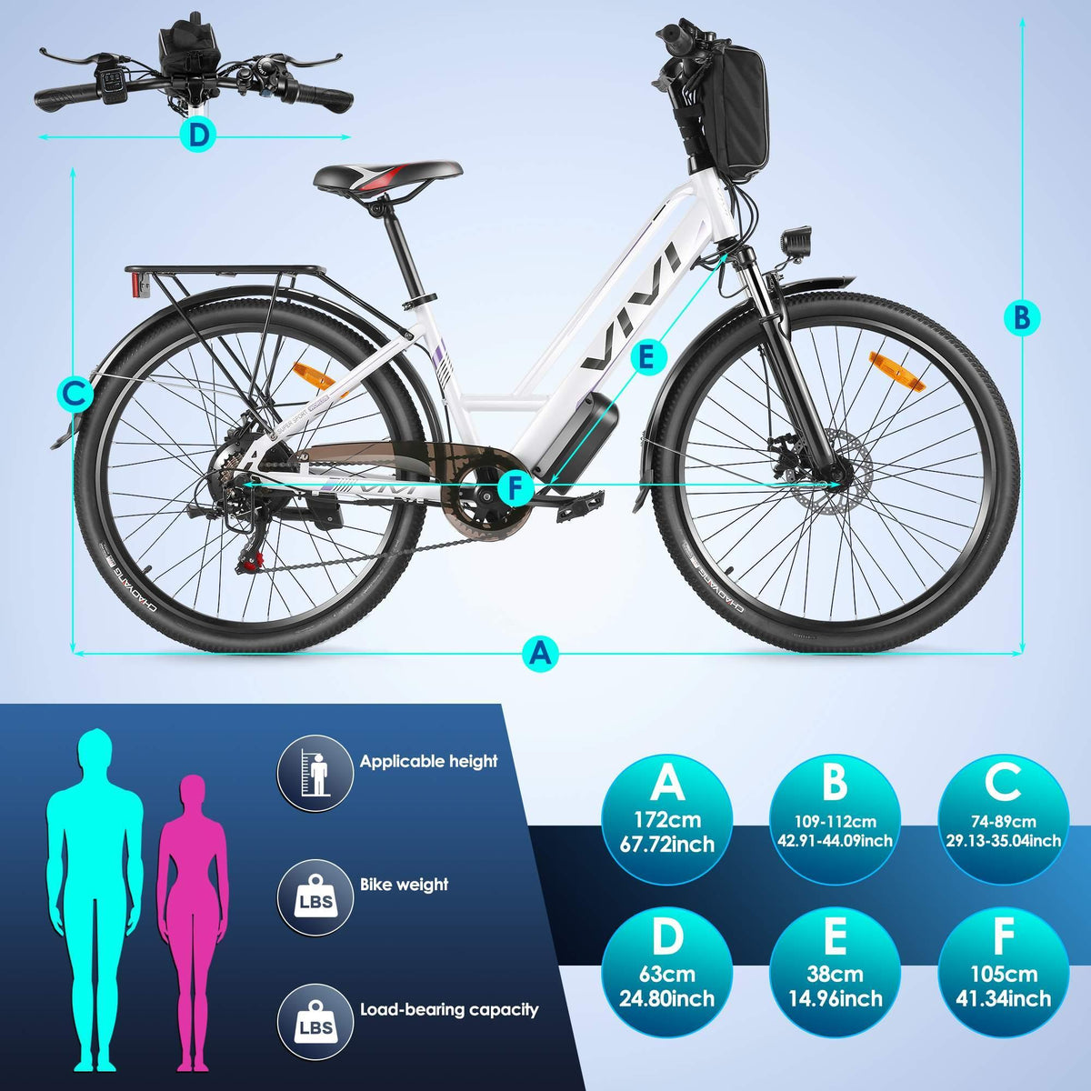 VIVI 26" Electric Bike, 350W City E-Bike, Adults Ebike with Removable 36V/8Ah Lithium-ion Battery, Max Speed 20MPH, Professional 7 Speed Commuter Bike