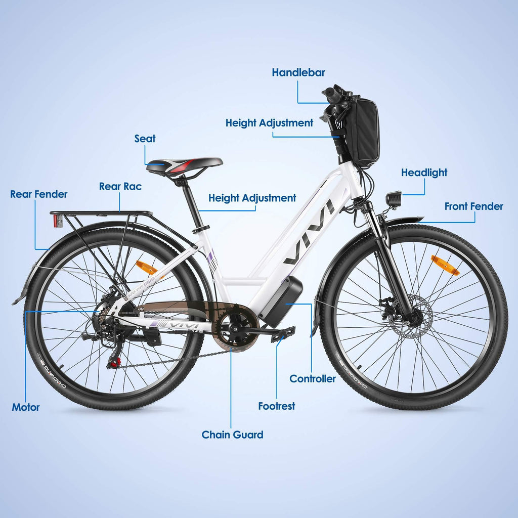 VIVI 26" Electric Bike, 350W City E-Bike, Adults Ebike with Removable 36V/8Ah Lithium-ion Battery, Max Speed 20MPH, Professional 7 Speed Commuter Bike
