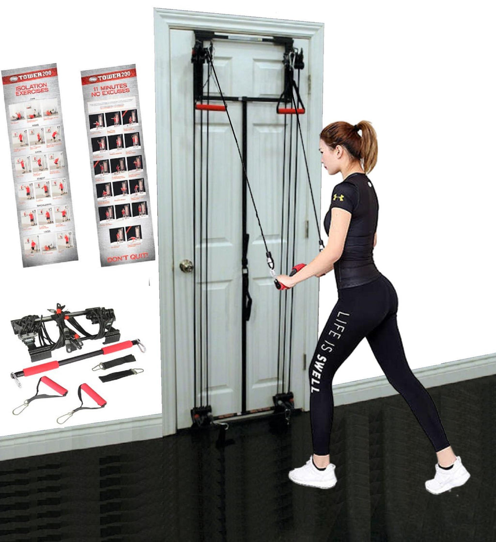 Tower 200 Door Gym Full Body Home Gym Exercise Fitness Workout System Strength Training including Straight Resistance Bar, DVD, Exercise Chart