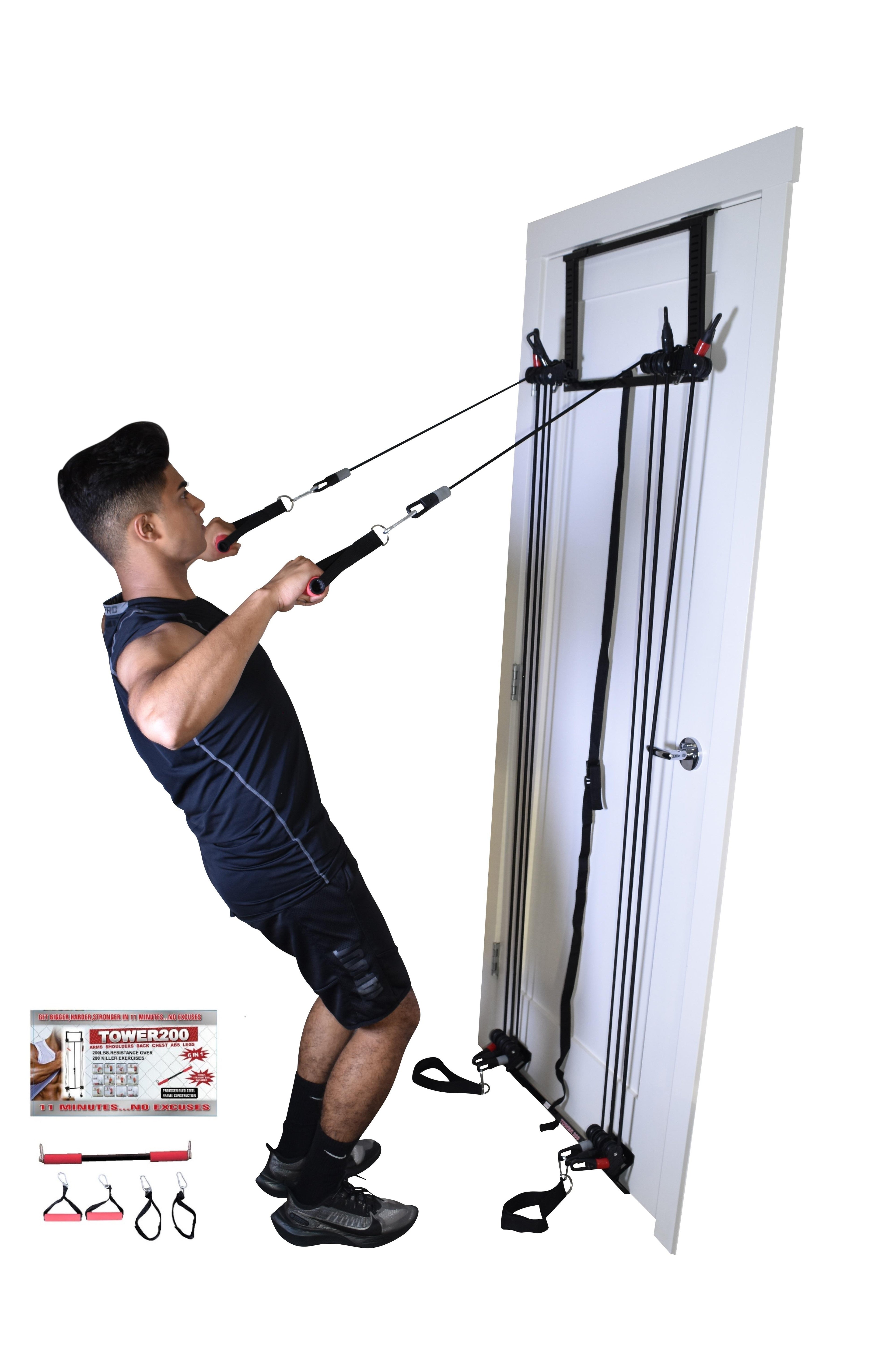 Tower 200 Door Gym Full Body Home Gym Exercise Fitness Workout System Strength Training including Straight Resistance Bar, DVD, Exercise Chart