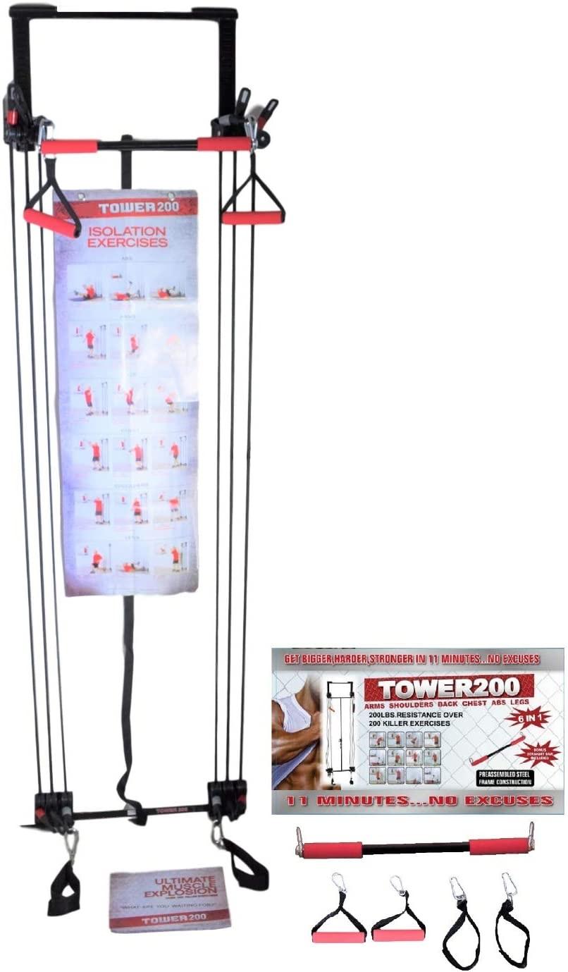 Tower 200 Door Gym Full Body Home Gym Exercise Fitness Workout System Strength Training including Straight Resistance Bar, DVD, Exercise Chart