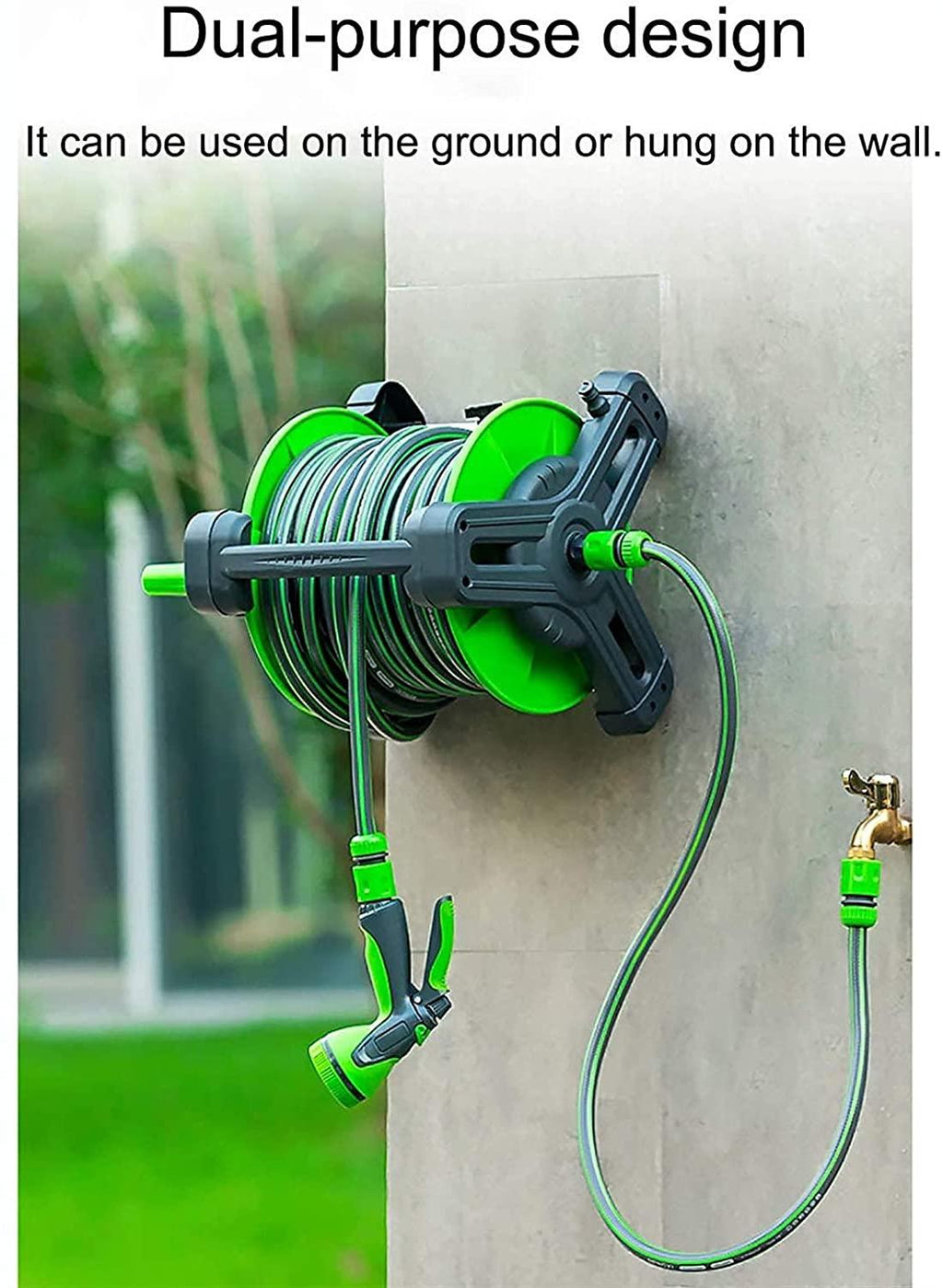 HTTJDY Outdoor Product Automatic Hose Storage Rack, Garden Watering Tool with Adjustable Nozzle, Automatic Hose Reel Rack That Can Be Wall-mounted, Used for Garden, Lawn Irrigation, Car Washing Cleani