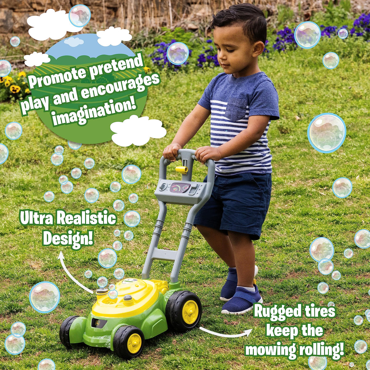 Bubble Lawn Mower for Toddlers, Bubble Blowing Machines, Indoor and Outdoor Gardening Toy, Birthday, Party Favor for Preschool Girls and Boys, No Batteries Required, 2+