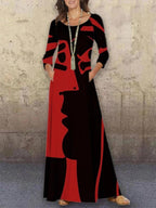 Retro Print Round Neck Long Sleeve Dress