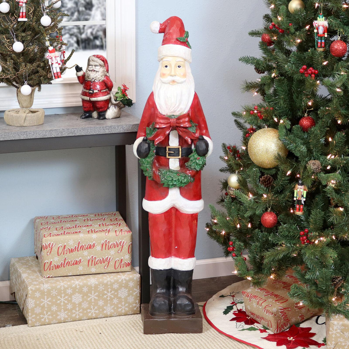 Sunnydaze Santa with Christmas Wreath Indoor/Outdoor Holiday Statue - 46.5-Inch