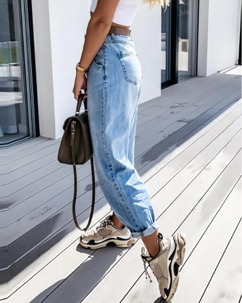 high waist pocket design jeans