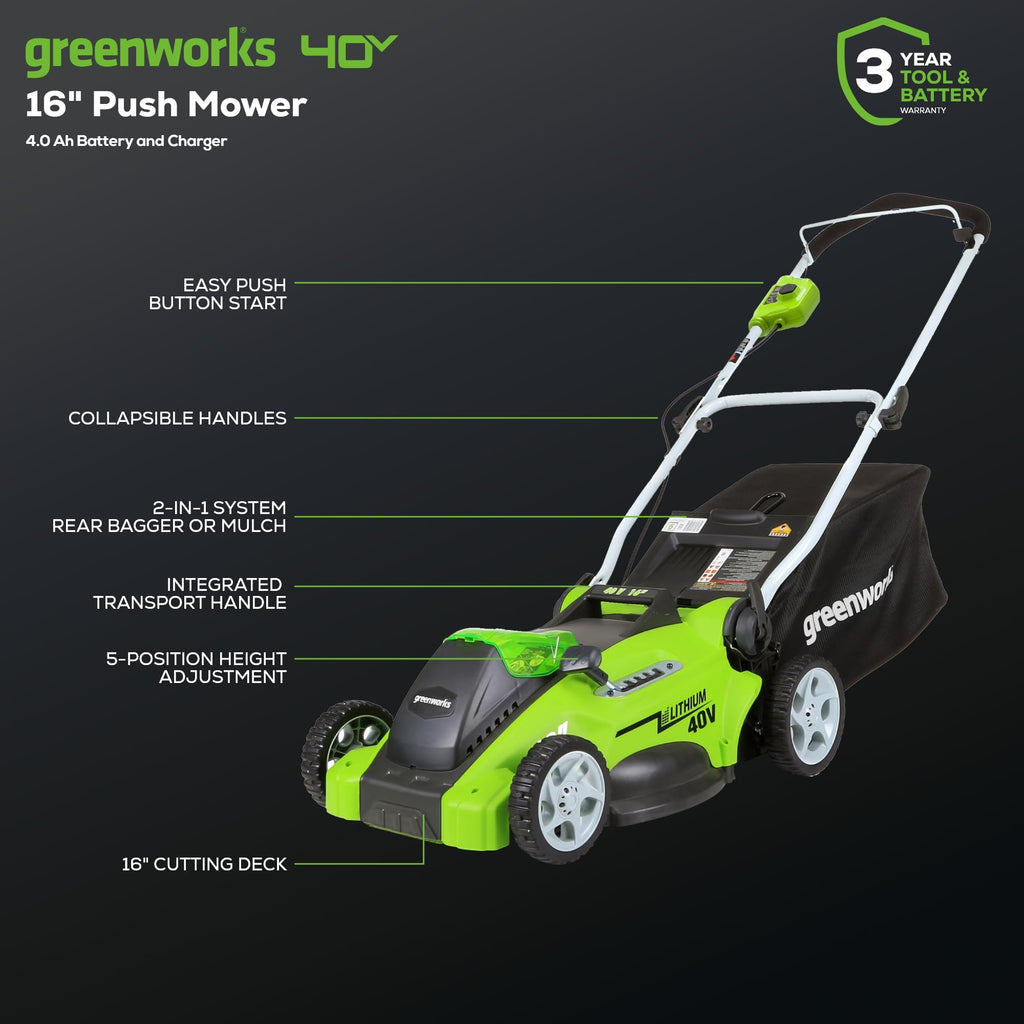 40V 16" (Push) Cordless Lawn Mower, 4.0Ah Battery (1/3 Acre, Push Button Start, Compatible with 75+ Tools)