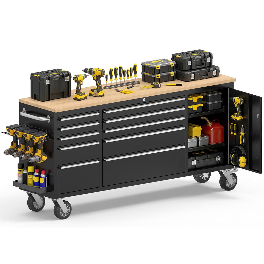 72" Rolling Tool Chest, Heavy-Duty Tool Box with Power Outlet, Tool Cabinet with 10 Drawers, Rubber Workbench with Key LocSystem Drawer Liners for GaraWarehouse Repair Shop