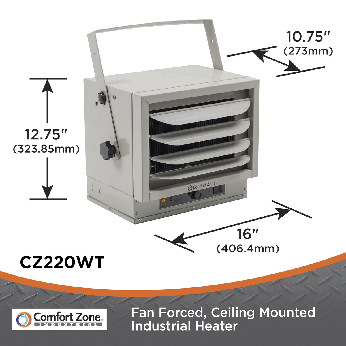 Comfort Zone 5,000W,Electric, Ceiling-Mounted, 3-Setting, Fan-Forced Industrial Heater, Grey