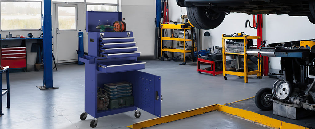 5-Drawers Tool Chest, 2-in-1 Rolling Tool Box with Wheels and Drawers, Detachable StoraToolbox with Lock, Heavy-Duty Metal Tool Cart for Garage, Workshop (Blue)
