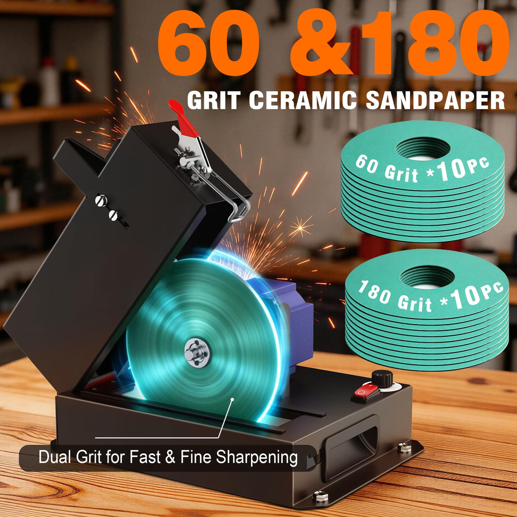 Lawn Mower Blade Sharpener, Brushless Motor 3000RPM Lawnmower Blade Sharpener Tool with Lifetime Motor Warranty, 7"Ceramic Wheel with 20 Sanding Discs for High/Low Lift,Gator&amp;Flat Blade 10pcs