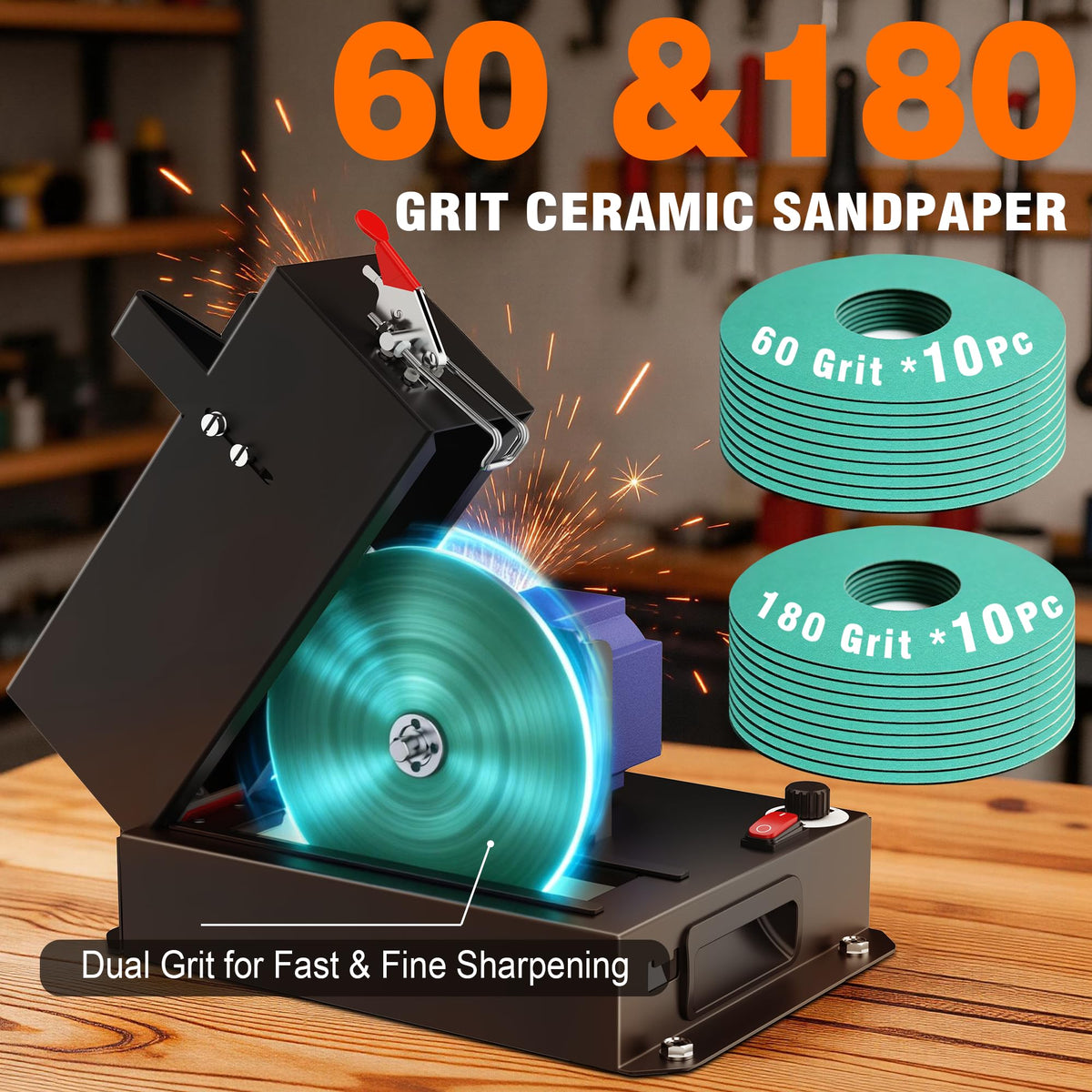 Lawn Mower Blade Sharpener, Brushless Motor 3000RPM Lawnmower Blade Sharpener Tool with Lifetime Motor Warranty, 7"Ceramic Wheel with 20 Sanding Discs for High/Low Lift,Gator&amp;Flat Blade 10pcs