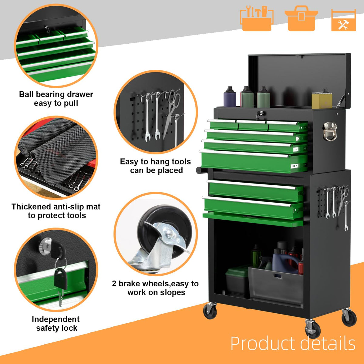 8-Drawer High Capacity Rolling Tool Chest, Removable Cabinet StoraTool Box with Wheels and Drawers, Detachable Toolbox with Lock for Workshop Mechanics Garage(Black&Green)