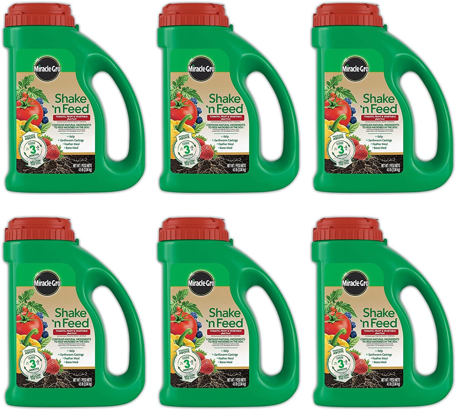 miracle-gro shake 'n feed tomato, fruit &amp; vegetable plant food, plant fertilizer, 4.5 lbs. (6-pack)
