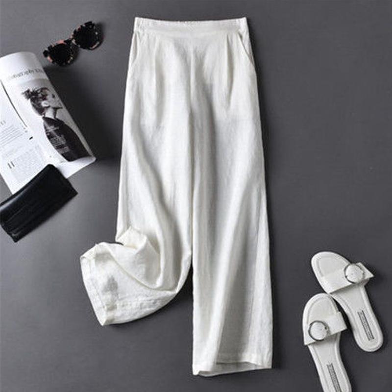 high-waisted cotton linen loose straight-leg pants