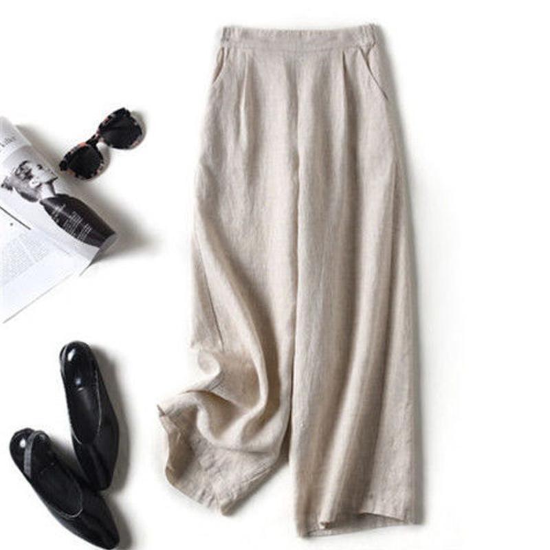 high-waisted cotton linen loose straight-leg pants