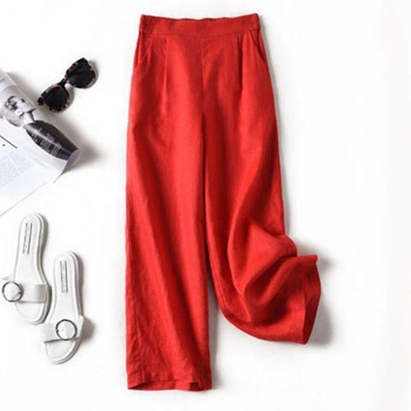 high-waisted cotton linen loose straight-leg pants