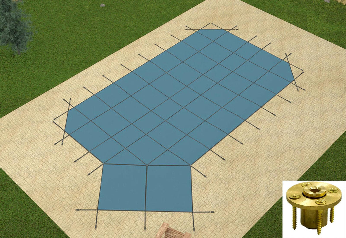 gli grecian mesh swimming pool safety cover w/ left offset step &amp; wood anchors