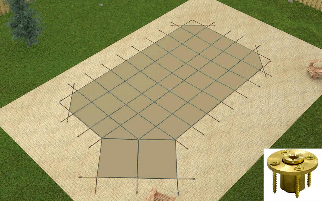 gli grecian mesh swimming pool safety cover w/ left offset step &amp; wood anchors