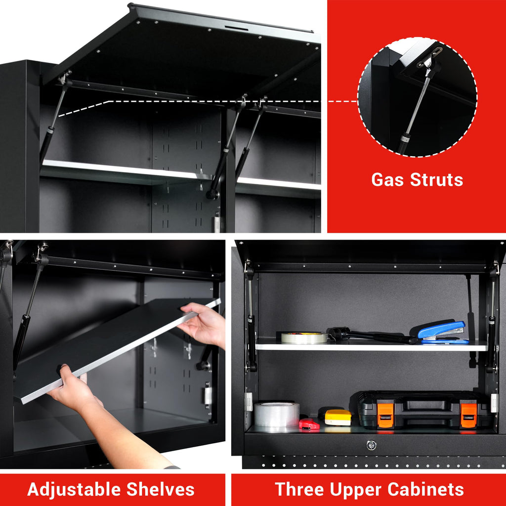 72-inch Tool Chest Cabinet Rolling GaraWorkbench with 15 StoraDrawers and Wheels, 3 Upper Cabinet, Pegboard, Steel LarTool Box,Matte Black