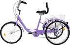 [US Stock]-Adult Tricycles with Back Seat, 7 Speed Complete Cruiser Bike 24 inch, 3-Wheels Bikes with LarBasket for Shopping Picnic Outdoor Sports Men Women