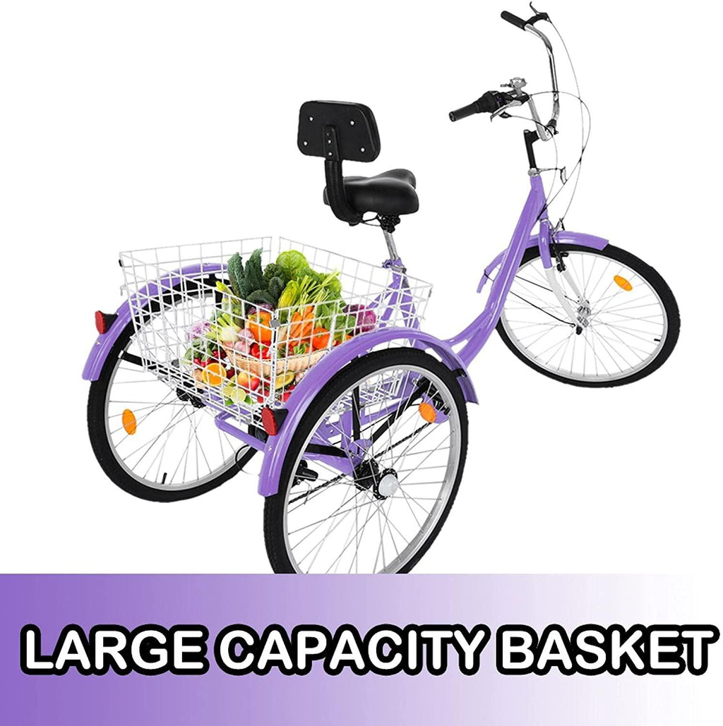 [US Stock]-Adult Tricycles with Back Seat, 7 Speed Complete Cruiser Bike 24 inch, 3-Wheels Bikes with LarBasket for Shopping Picnic Outdoor Sports Men Women