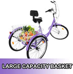 [US Stock]-Adult Tricycles with Back Seat, 7 Speed Complete Cruiser Bike 24 inch, 3-Wheels Bikes with LarBasket for Shopping Picnic Outdoor Sports Men Women