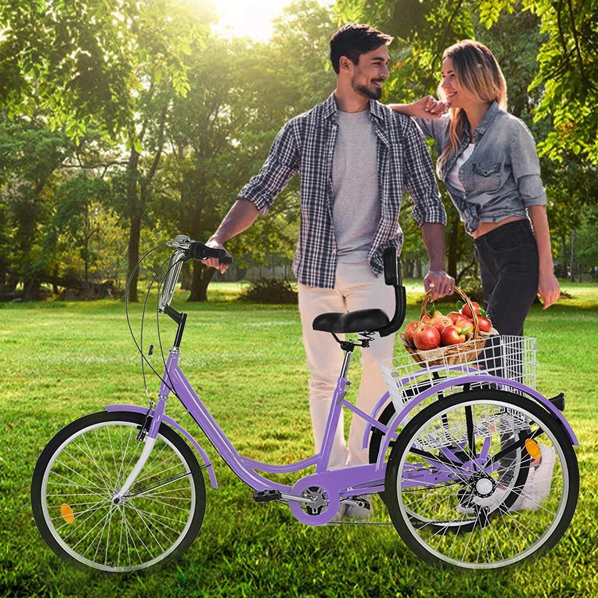 [US Stock]-Adult Tricycles with Back Seat, 7 Speed Complete Cruiser Bike 24 inch, 3-Wheels Bikes with LarBasket for Shopping Picnic Outdoor Sports Men Women