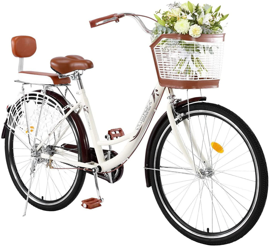 TOUNTLETS BeiWomens Beach Cruiser Bike Classic Iron Bicycle, Retro Bicycle Unique Art Deco Scooter, Womens Single Speed Comfortable Commuter Bicycles with Basket and Seat