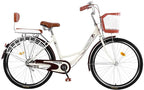 TOUNTLETS BeiWomens Beach Cruiser Bike Classic Iron Bicycle, Retro Bicycle Unique Art Deco Scooter, Womens Single Speed Comfortable Commuter Bicycles with Basket and Seat
