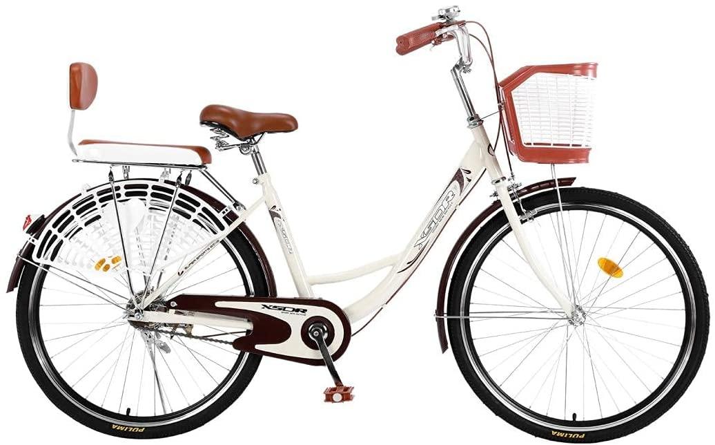 TOUNTLETS BeiWomens Beach Cruiser Bike Classic Iron Bicycle, Retro Bicycle Unique Art Deco Scooter, Womens Single Speed Comfortable Commuter Bicycles with Basket and Seat